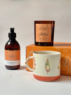 Autumnal Gift Set Orange, Cinnamon & Clove natural hand wash and candle with Rachel Leary Ceramics Mug and a gift box