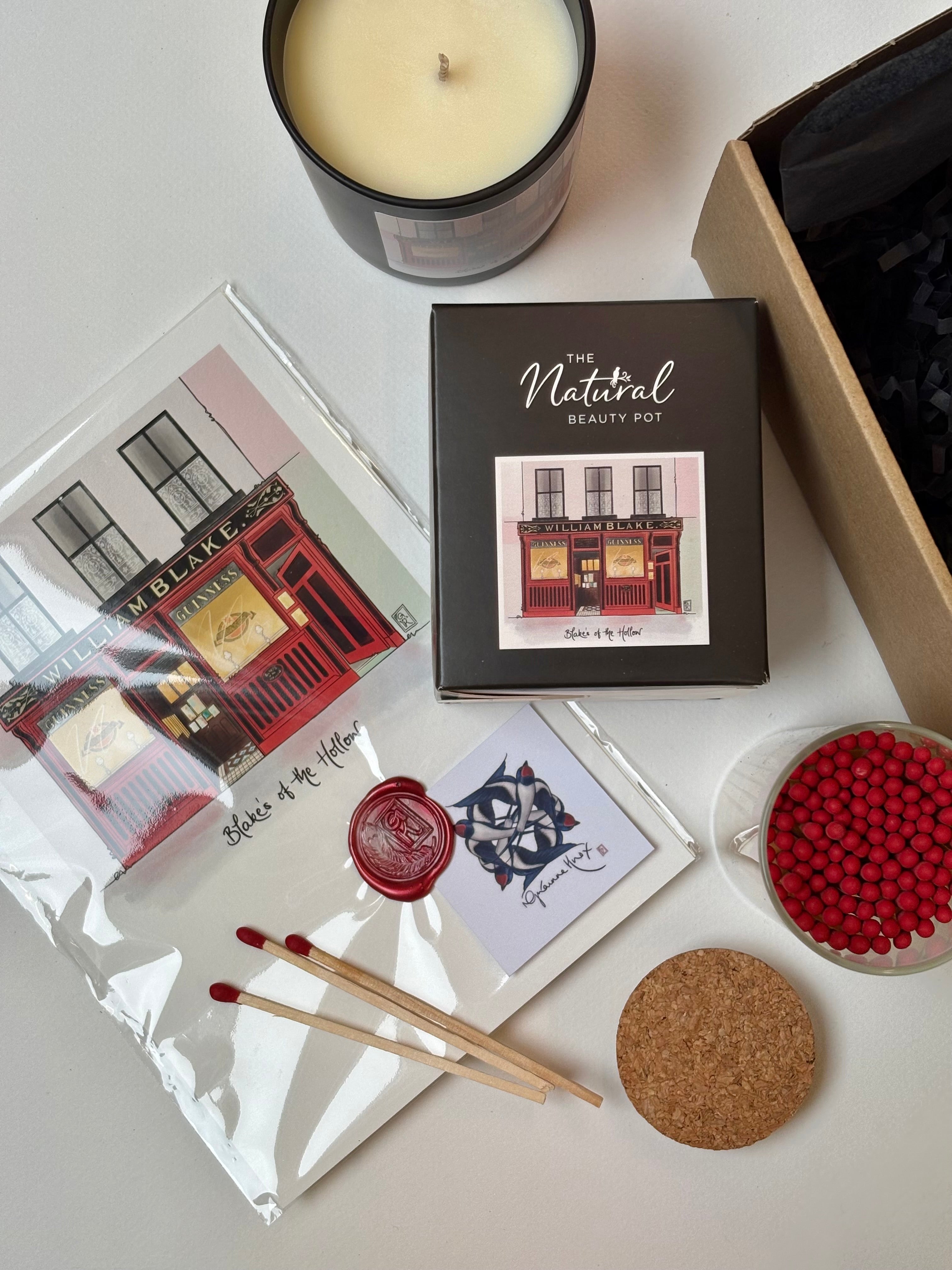 Blakes of the Hollow Enniskillen  Gift illustrated print by Grainne Know, candle by the Natural Beauty Pot, red tipped matches