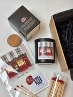 Blakes of the Hollow Gift illustrated print by Grainne Know, candle by the Natural Beauty Pot, red tipped matches