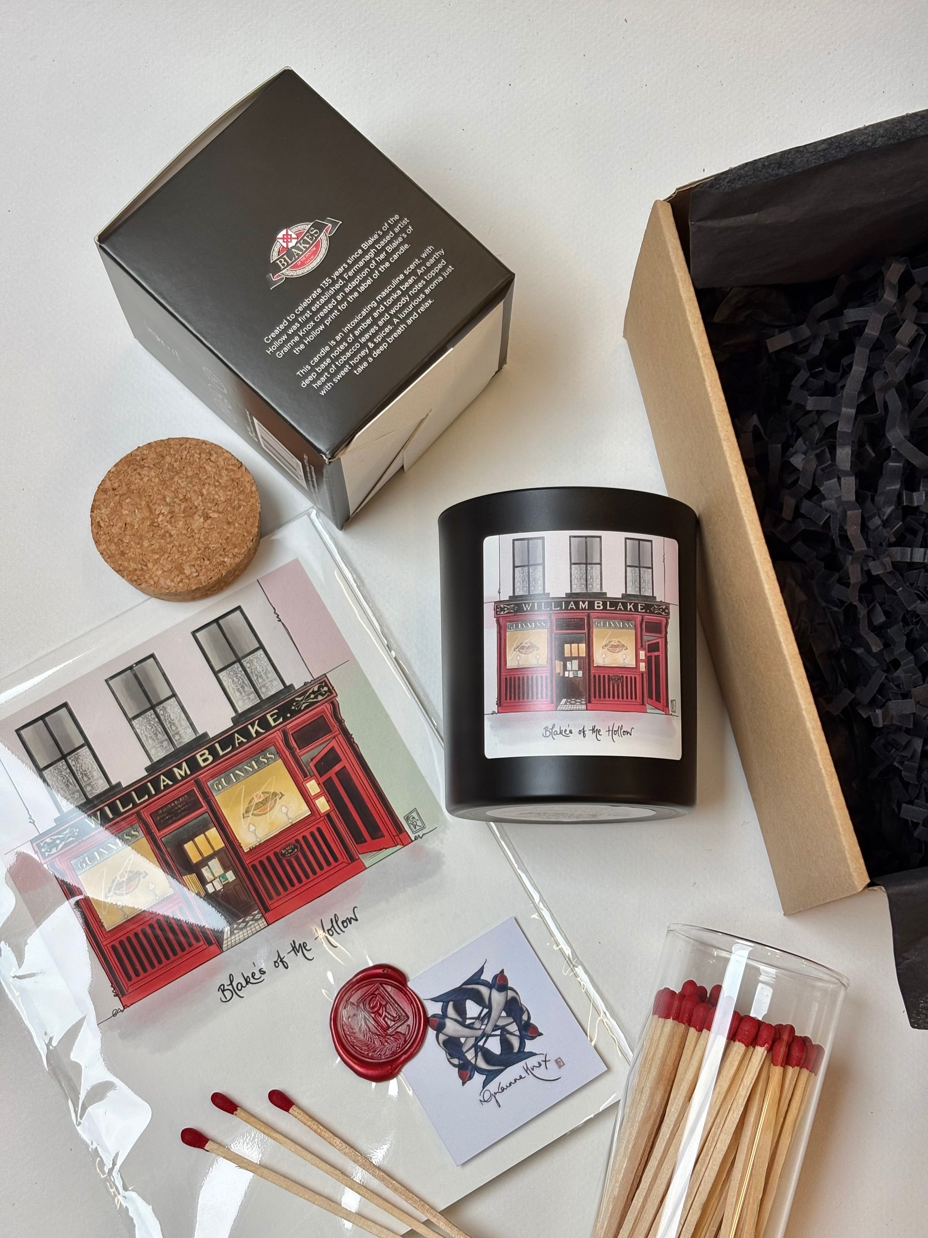 Blakes of the Hollow Gift illustrated print by Grainne Know, candle by the Natural Beauty Pot, red tipped matches