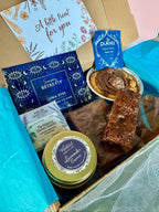 relax exam survival gift box, contains brownies, sharing cookie, candle, shower steamer, eye mask, herbal tea