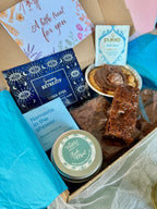 focus exam survival gift box, contains brownies, sharing cookie, candle, shower steamer, eye mask, herbal tea