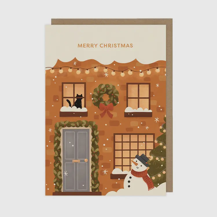 Cozy Christmas House and Cat Greeting Card