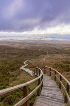 A wooden boardwalk staircase curves through a vast moorland landscape under a dramatic cloudy sky, with rolling hills and winding paths below.