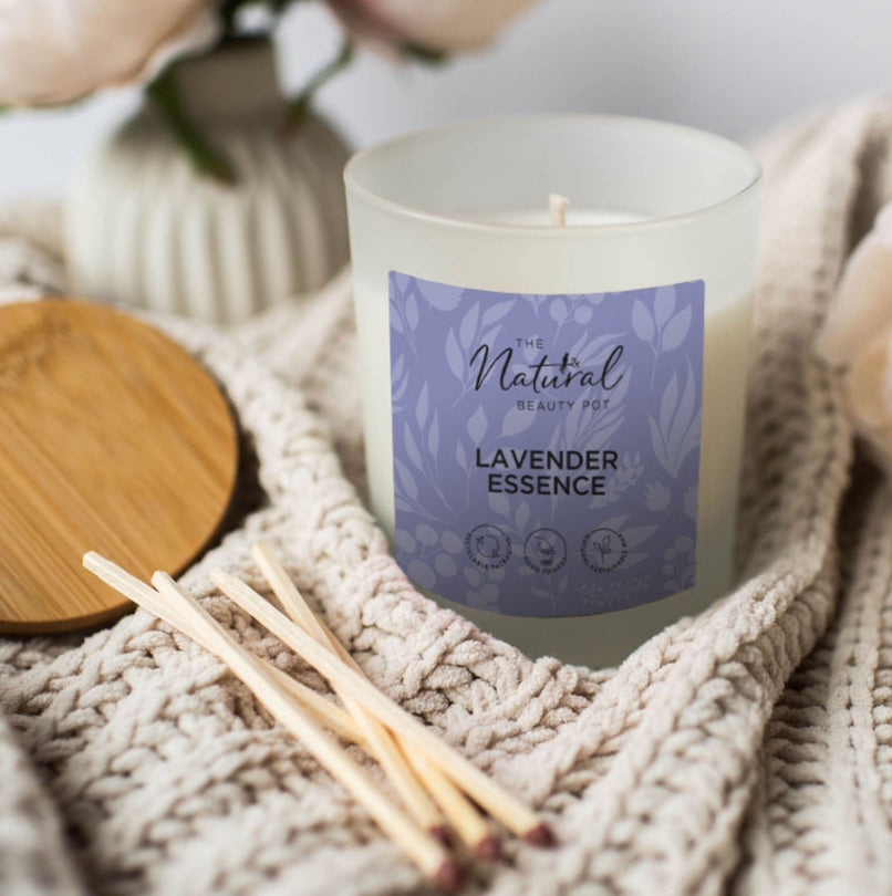 natural soy wax Candle with a lavender essence label on a textured surface