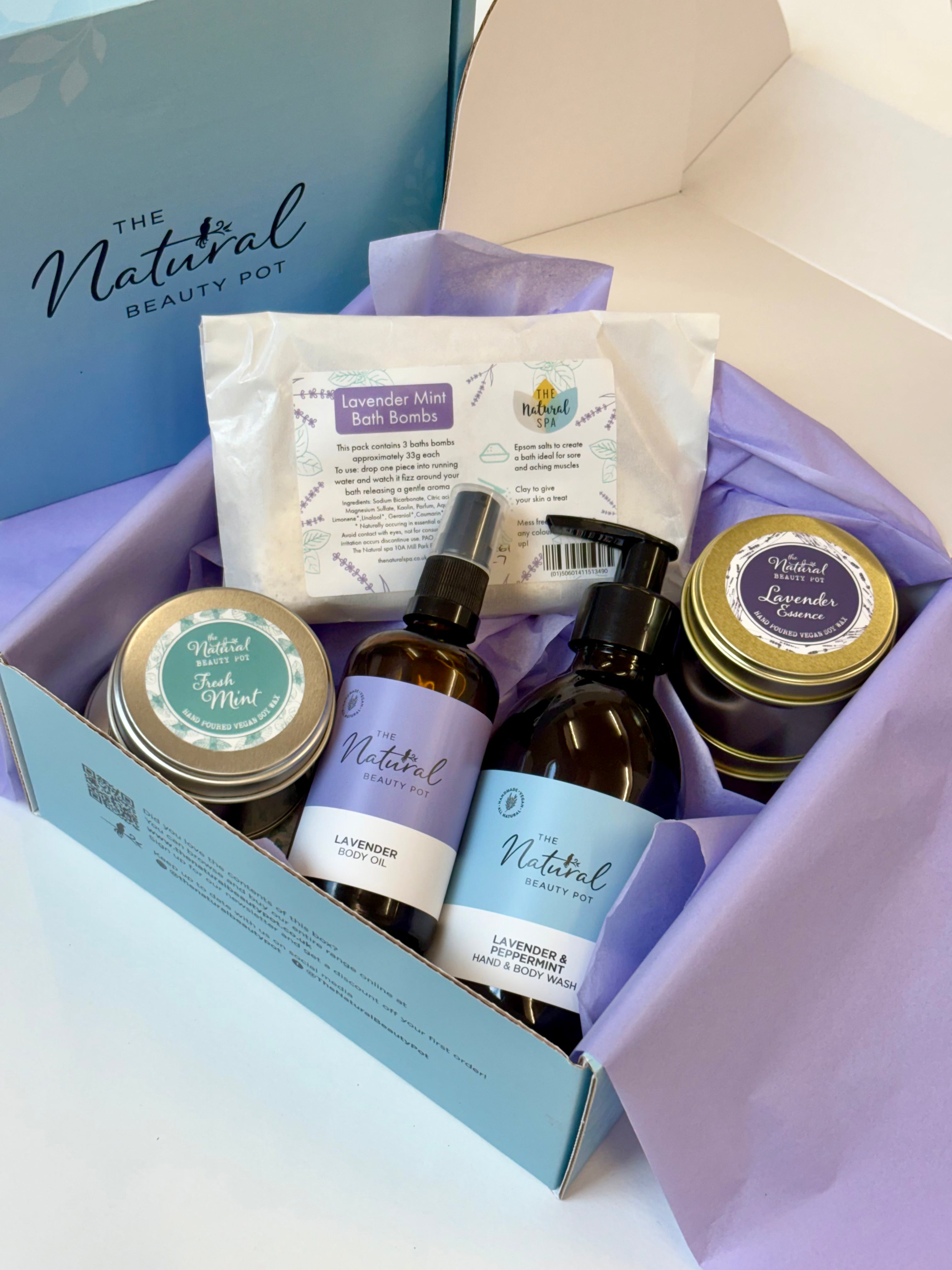 Lavender & Mint Selfcare Gift aromatherapy products Handwash, body oil, candles, bath bombs