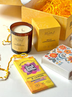 Lemongrass self care gift box candle, chocolate bath bomb, long yellow tipped matched