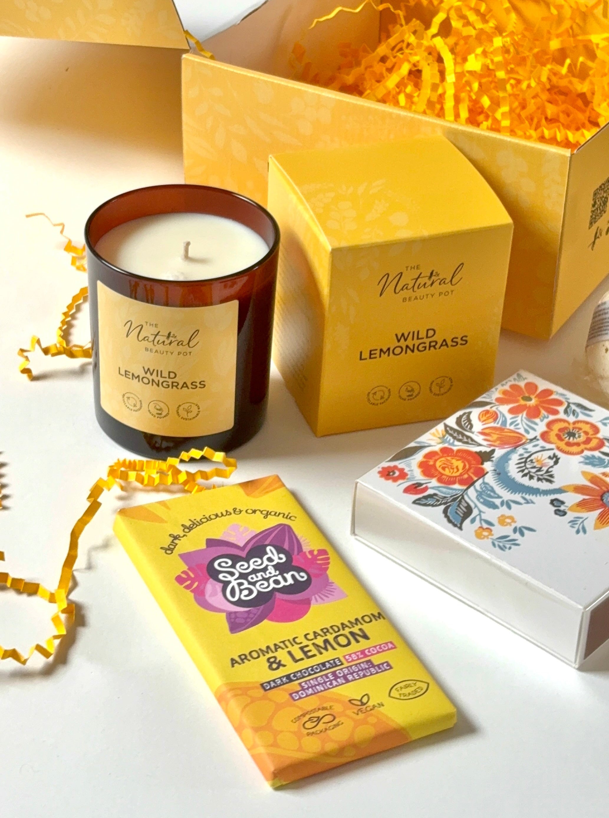 Lemongrass self care gift box candle, chocolate bath bomb, long yellow tipped matched