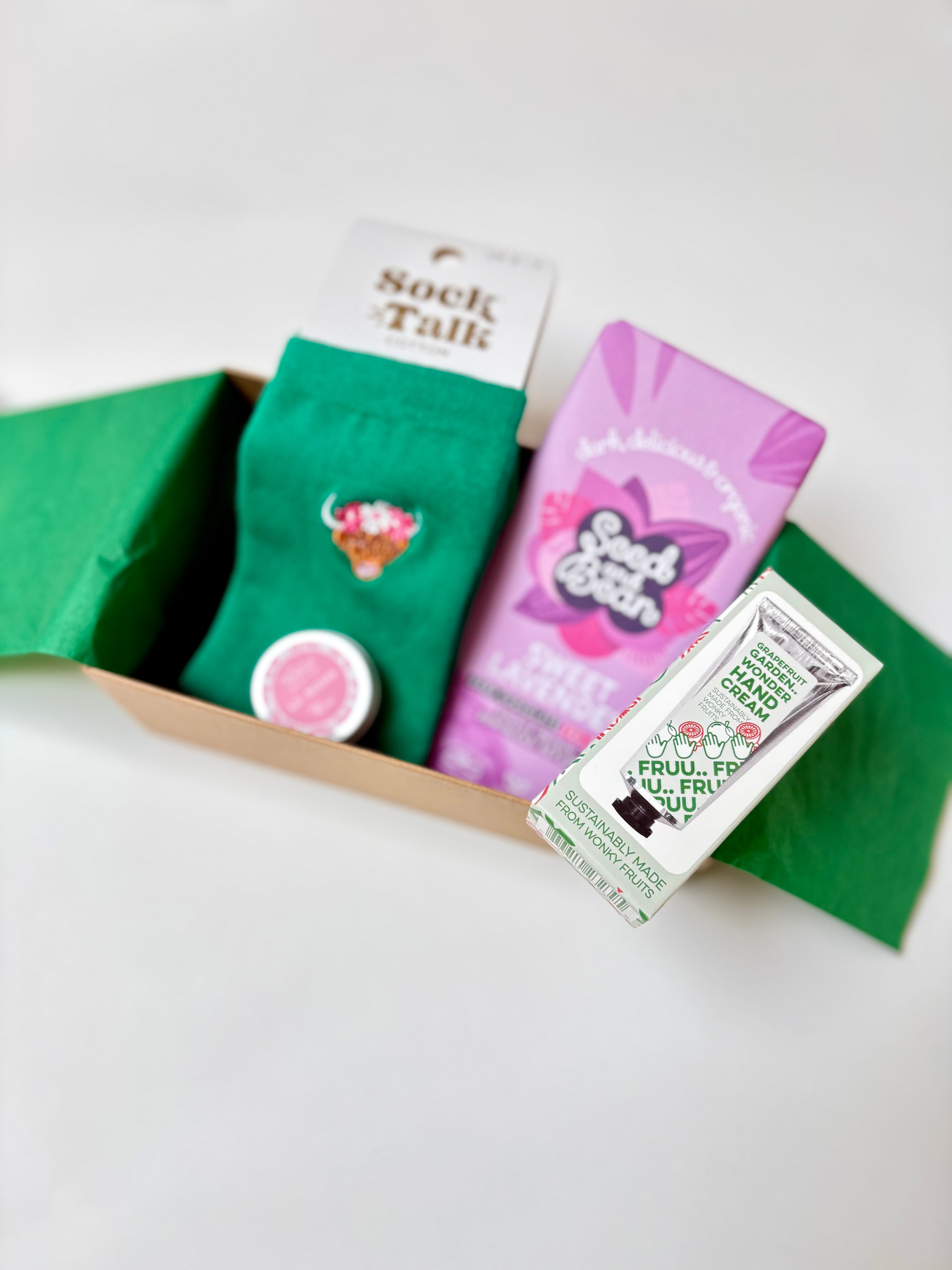 Little Luxuries well being gift box cotton socks, vegan chocolate natural lip butter, organic hand cream 