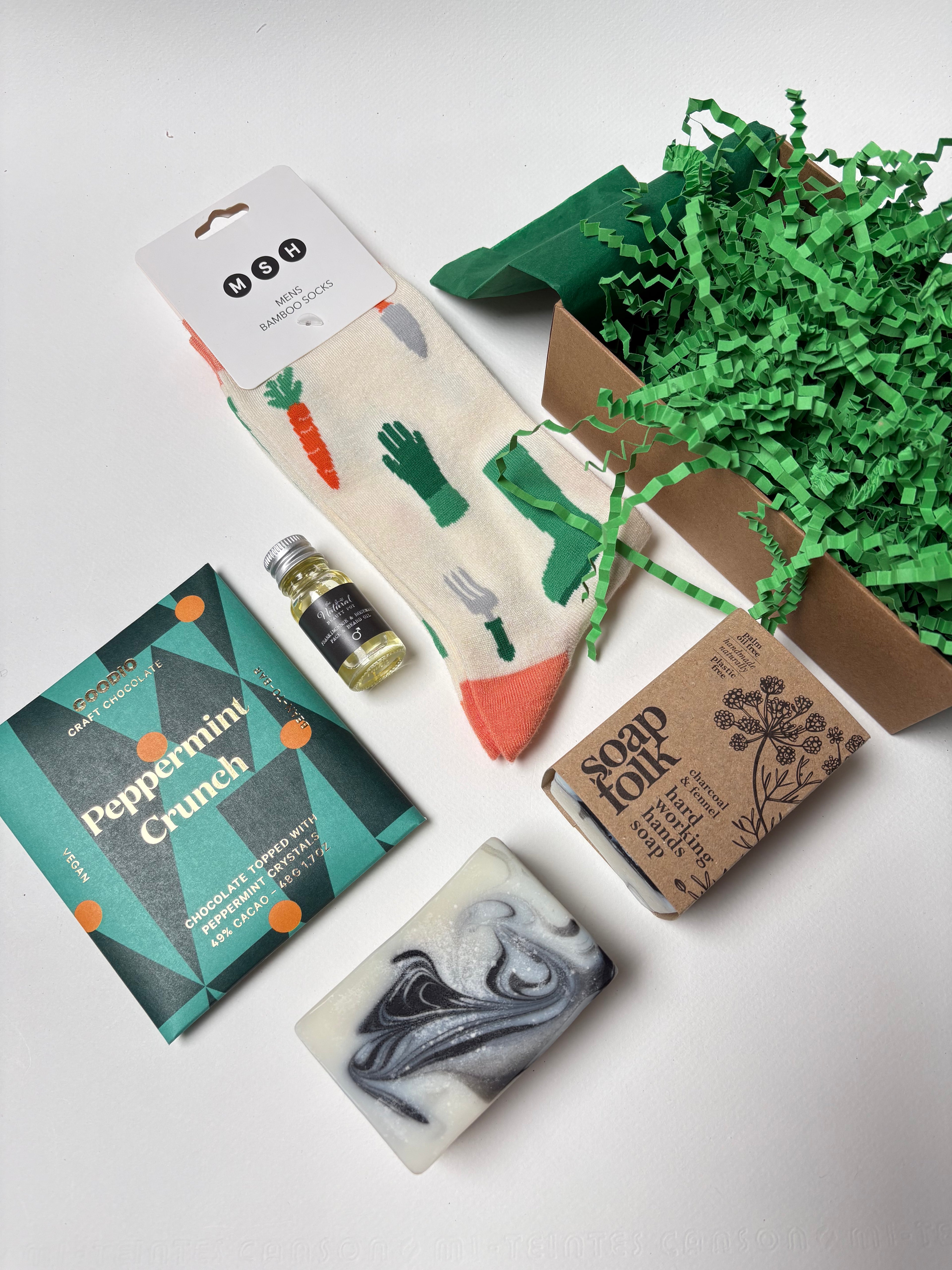 Mens Gift Box gardener Bamboo socks, vegan dark chocolate, natural soap, natural face & beard oil