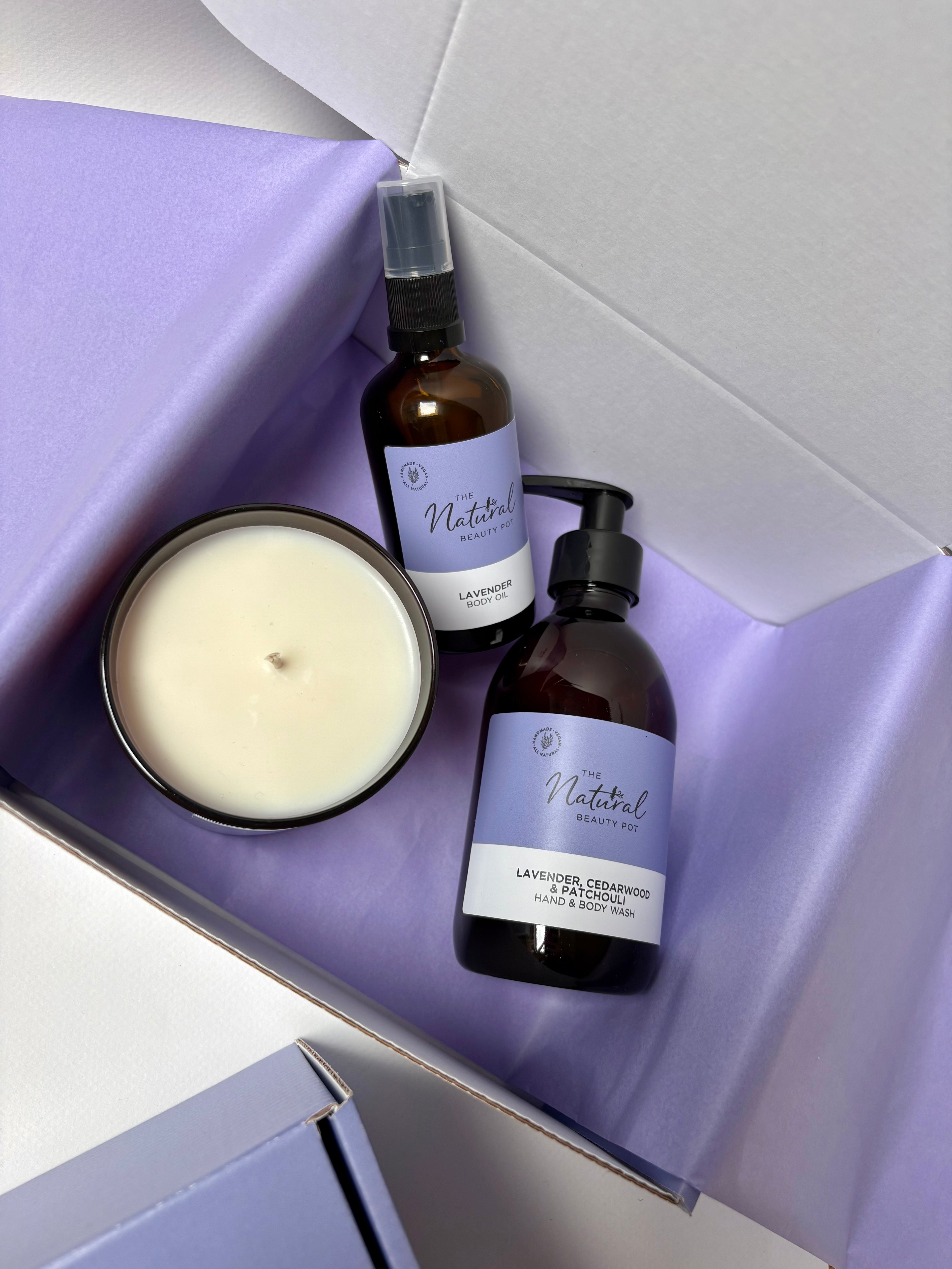 Natural Organic aromatherapy gift with candle, body oil, hand & body wash