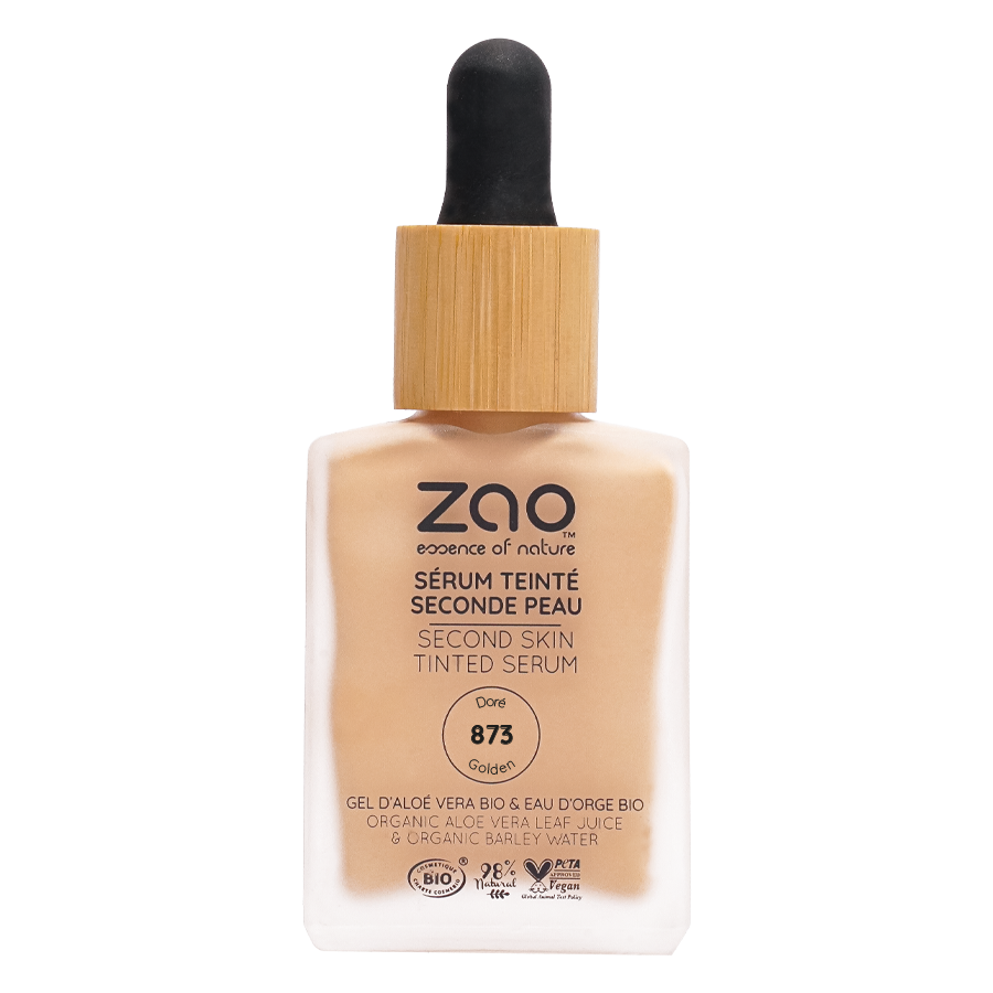 Zao Second Skin Tinted Serum bottle with dropper on a white background