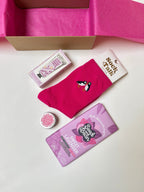 Pink socks vegan chocolate, natural lip butter and lavender hand cream gift