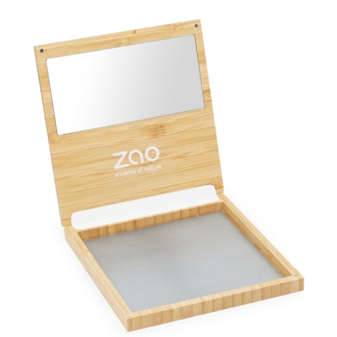 Refillable Wooden makeup compact with mirror and Zao logo on a white background