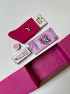 Pink socks, sweet lavender chocolate, lip butter, hand cream gift