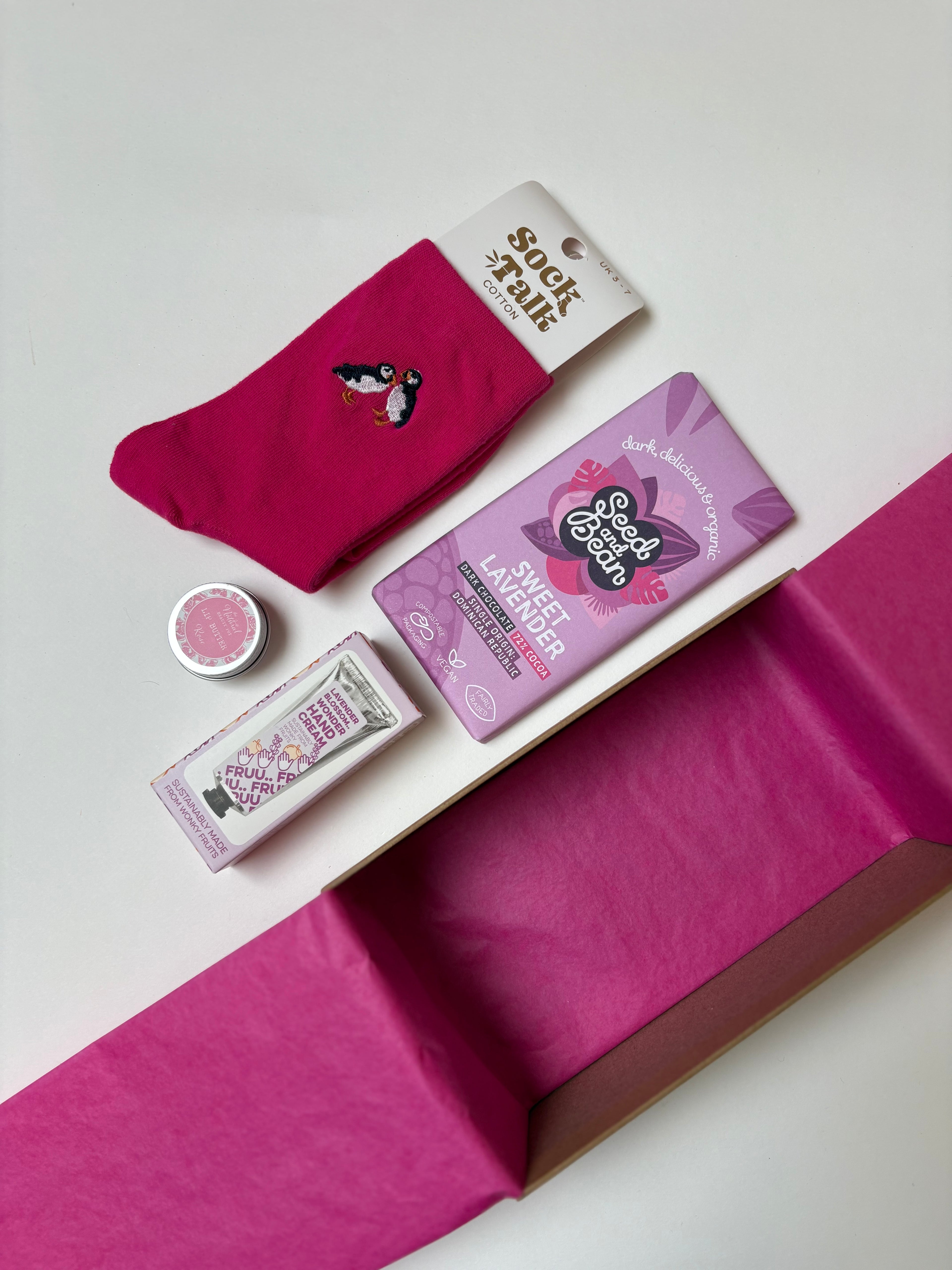 Pink socks, sweet lavender chocolate, lip butter, hand cream gift