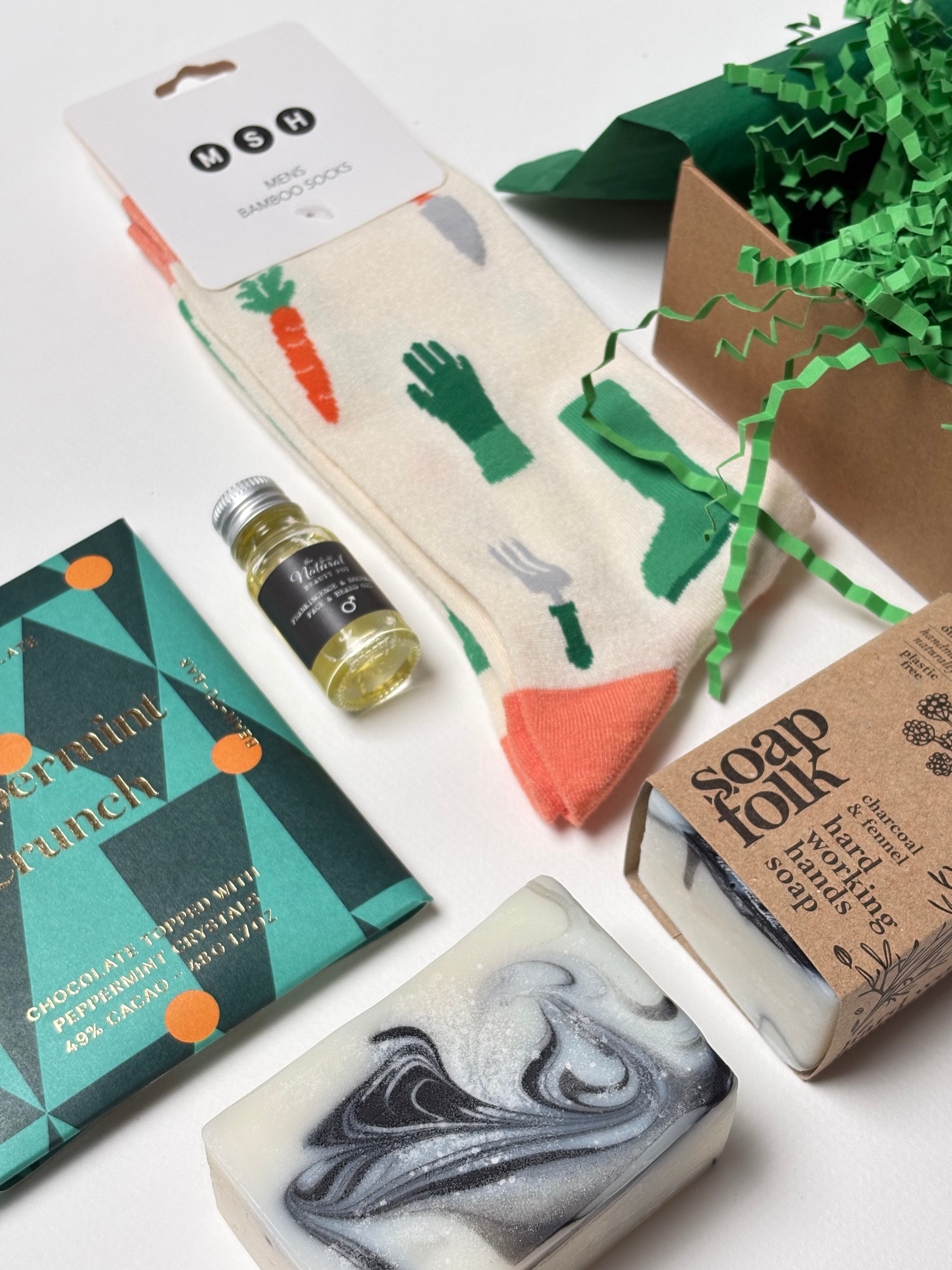 fathers day Gift for gardener, Bamboo socks, vegan dark chocolate, natural soap, natural face & beard oil