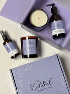 lavender lovers natural personal care gift body wash, candle and body oil in a lilac gift box 