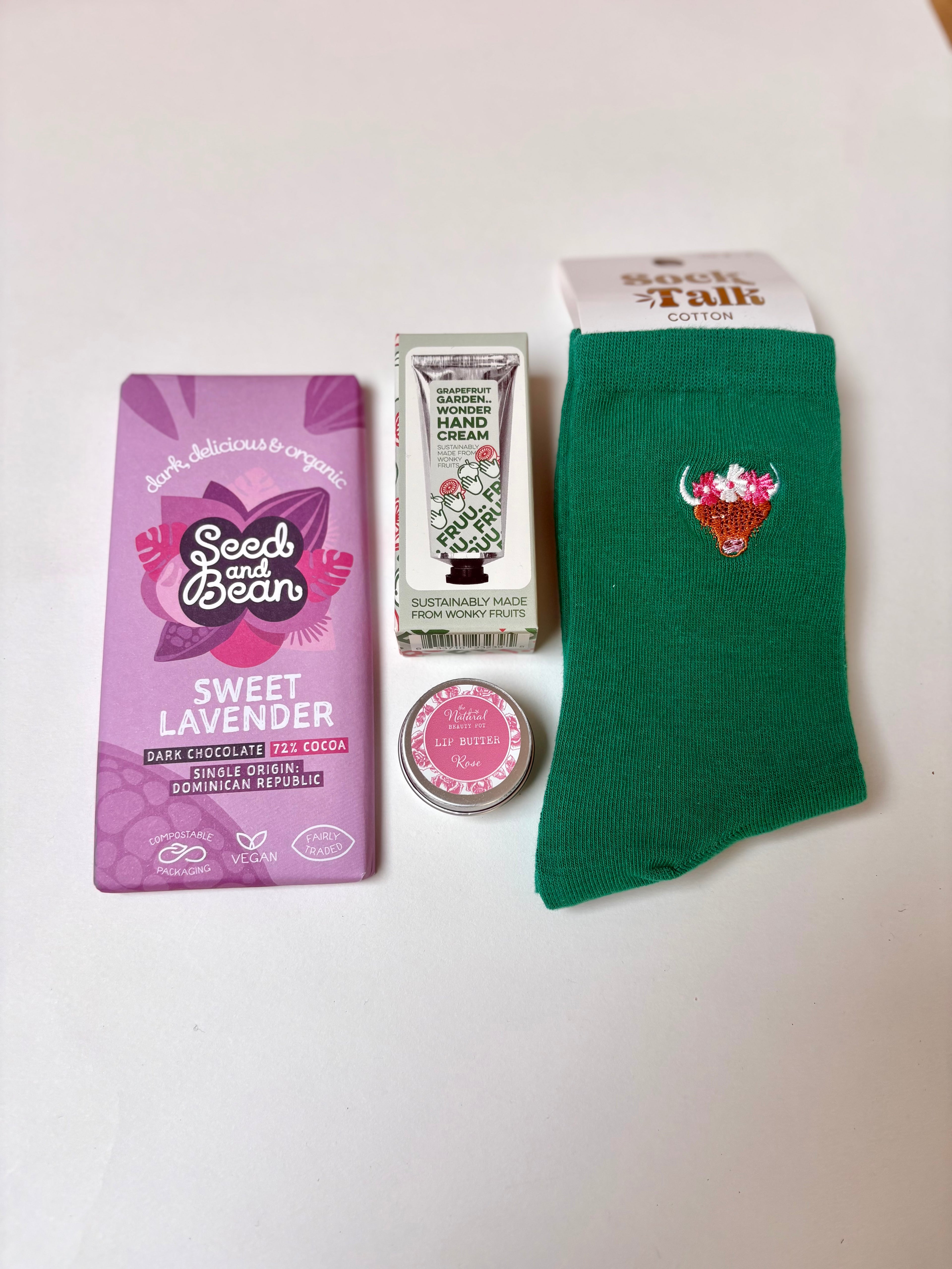 thoughtful gift box, vegan chocolate, grapefruit hand cream, rose lip balm, sustainable cotton socks