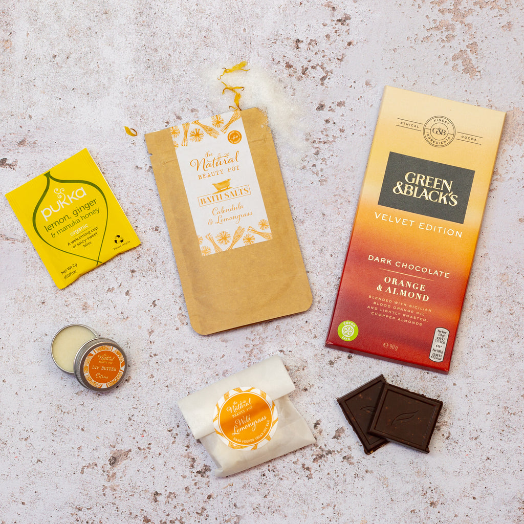 Letterbox gift for a friend vegan chocolate, bath salts, wax melts, citrus lip balm, herbal tea