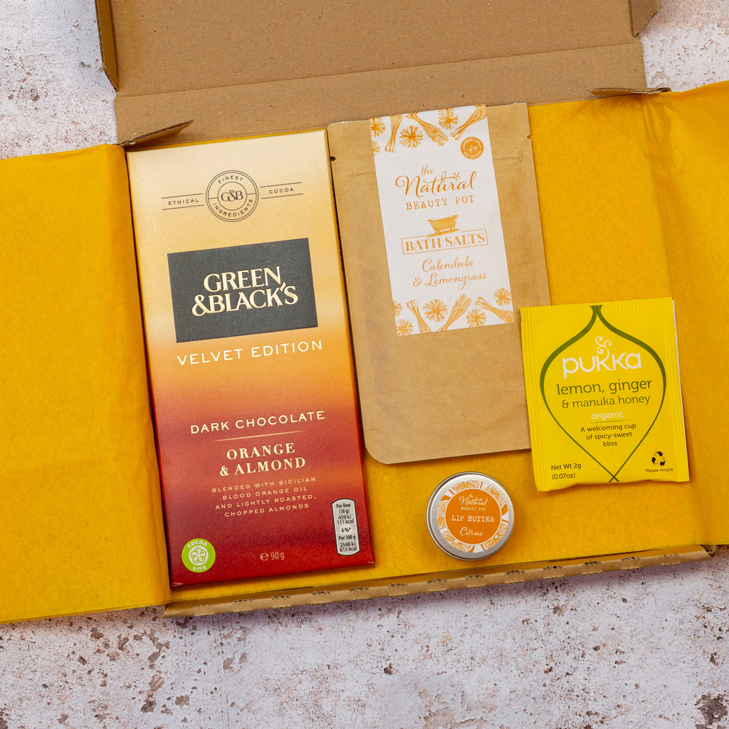 Letterbox gift for a friend vegan chocolate, bath salts,  wax melts, citrus lip balm, herbal tea lemongrass, orange, lemon