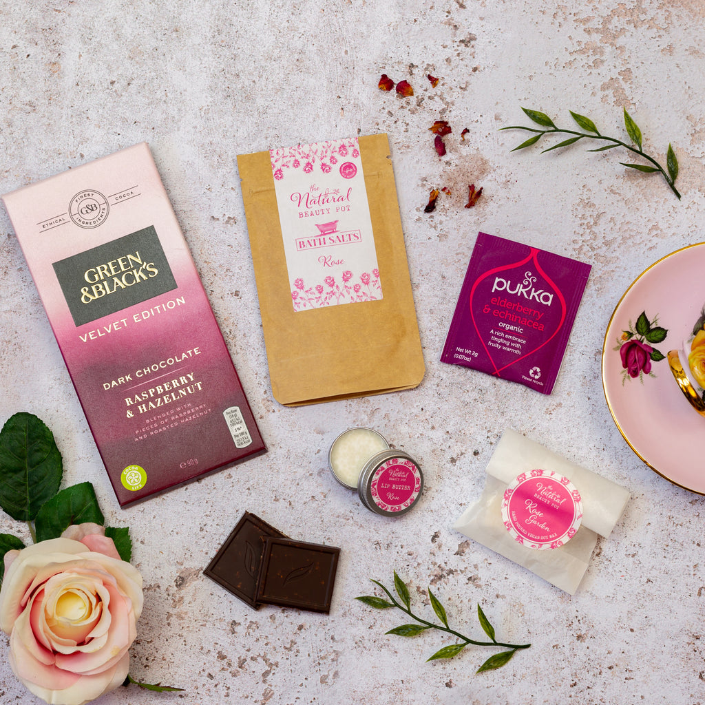 Pampering Vegan Selfcare letterbox gift for birthday, chocolate, bath salts, herbal tea, lip butter, wax melts
