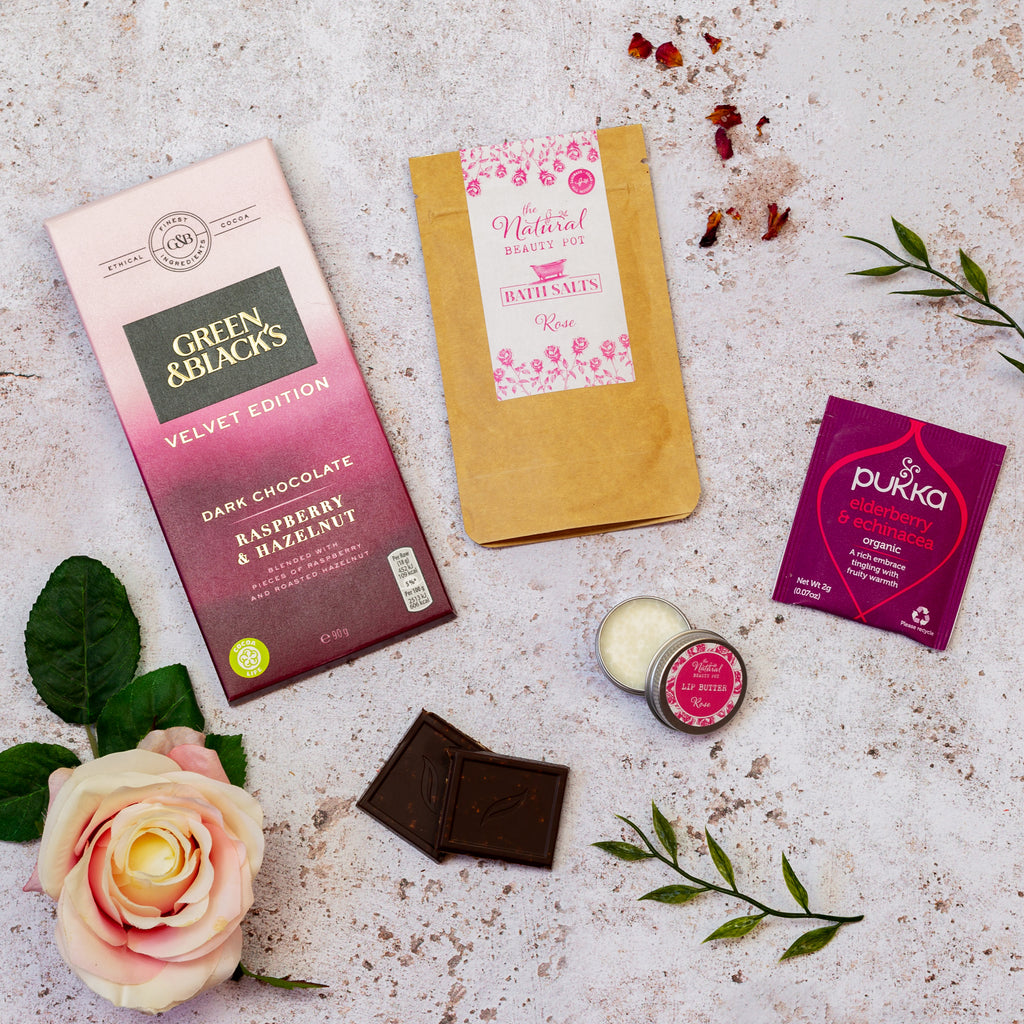 Letterbox gift for a friend vegan chocolate, bath salts,  wax melts, citrus lip balm, herbal tea