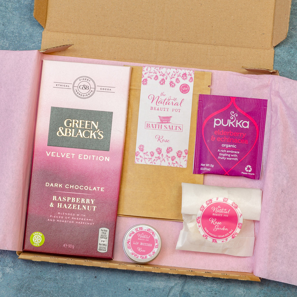 vegan Self care letterbox gift in rose or citrus, chocolate, bath salts, lip butter, herbal tea, wax melts