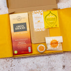 vegan Self care letterbox gift in citrus, chocolate, bath salts, lip butter, herbal tea, wax melts